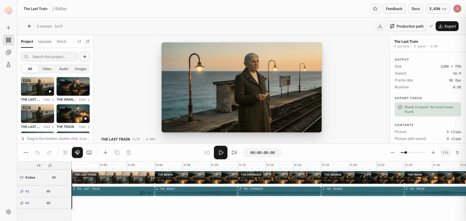 Sundream’s current editor with The Last Train preview, project media, picture and audio tracks, export checks, and the Export button