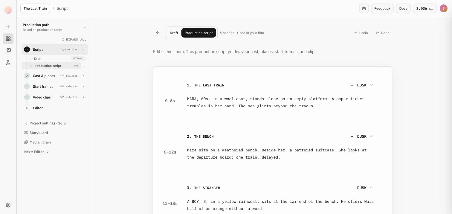 The Last Train in Sundream’s current script workspace, with Draft and Production script tabs, editable scenes, timing, and the production path